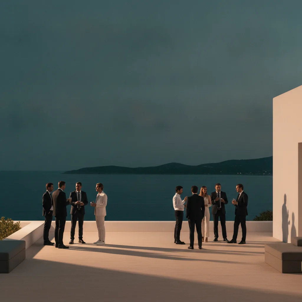 Profesionales conversando en una terraza mediterránea al atardecer
